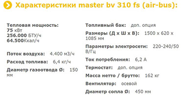 MASTER BV 310 FS - технические характеристики